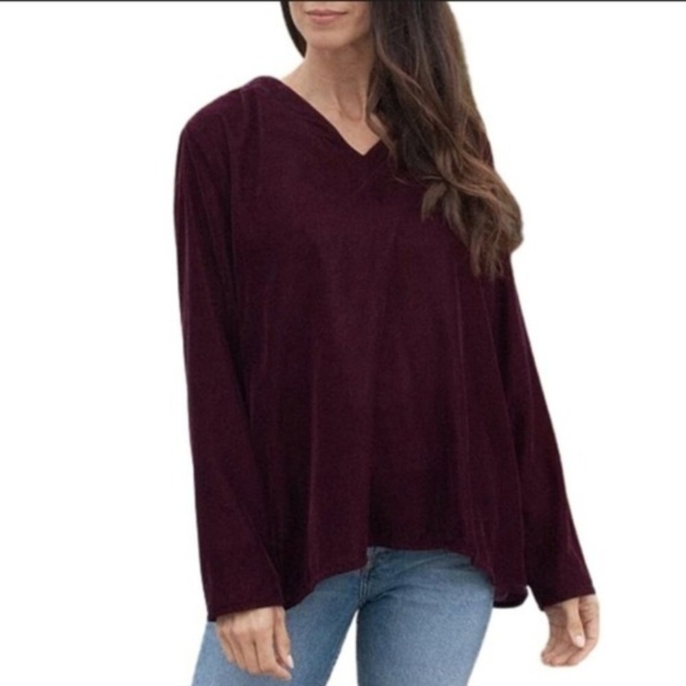 Karyn Seo Velvet V-Neck Tunic Women Long Sleeve Relaxed Burgundy Medium - Picture 9 of 9